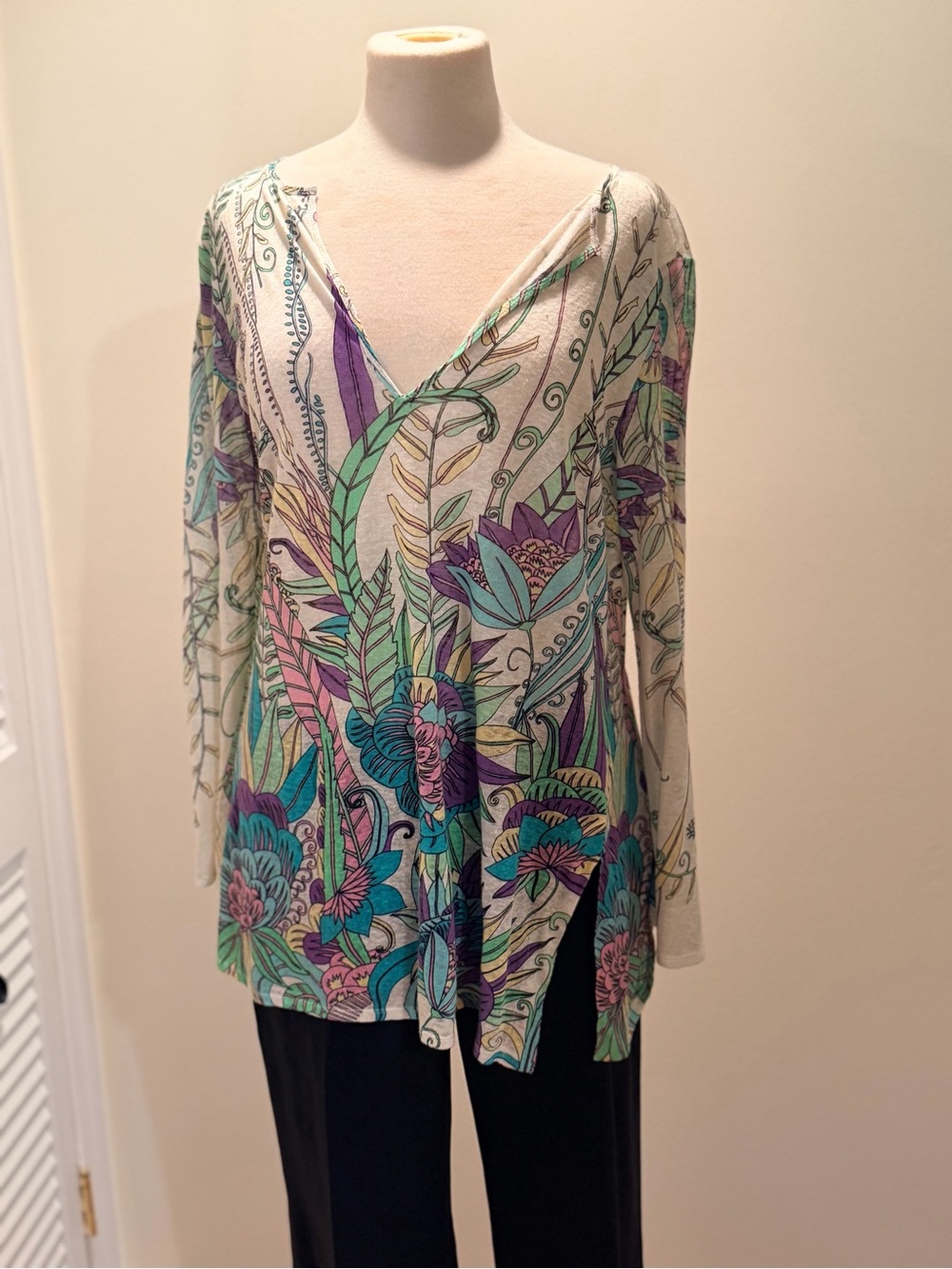 Elie Tahari Cream Floral V-Neck Tunic with Teal, Purple & Pink Print